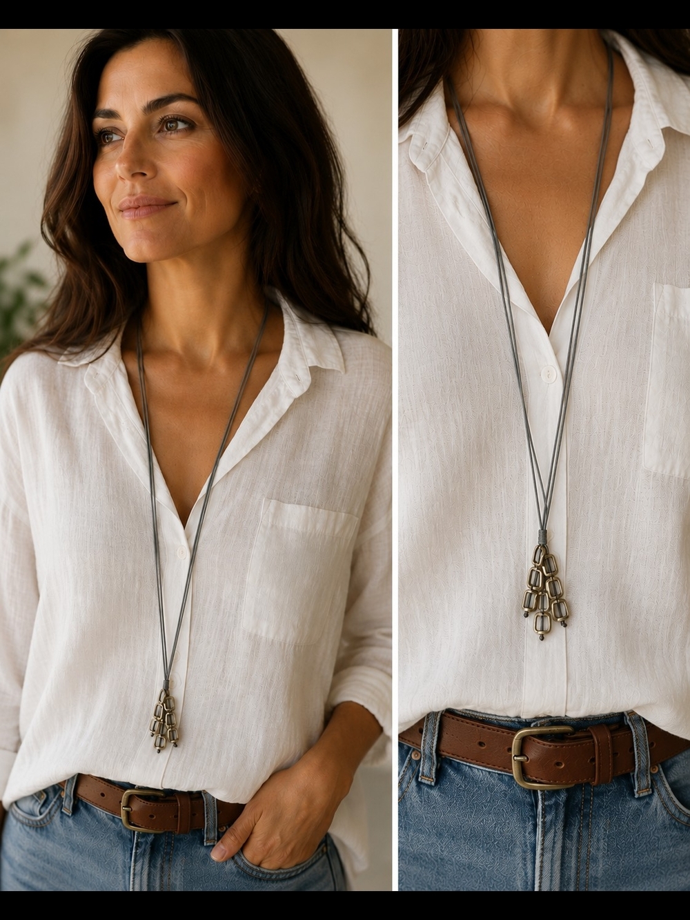 Long Gray Cord Necklace with Antique Gold Pendant